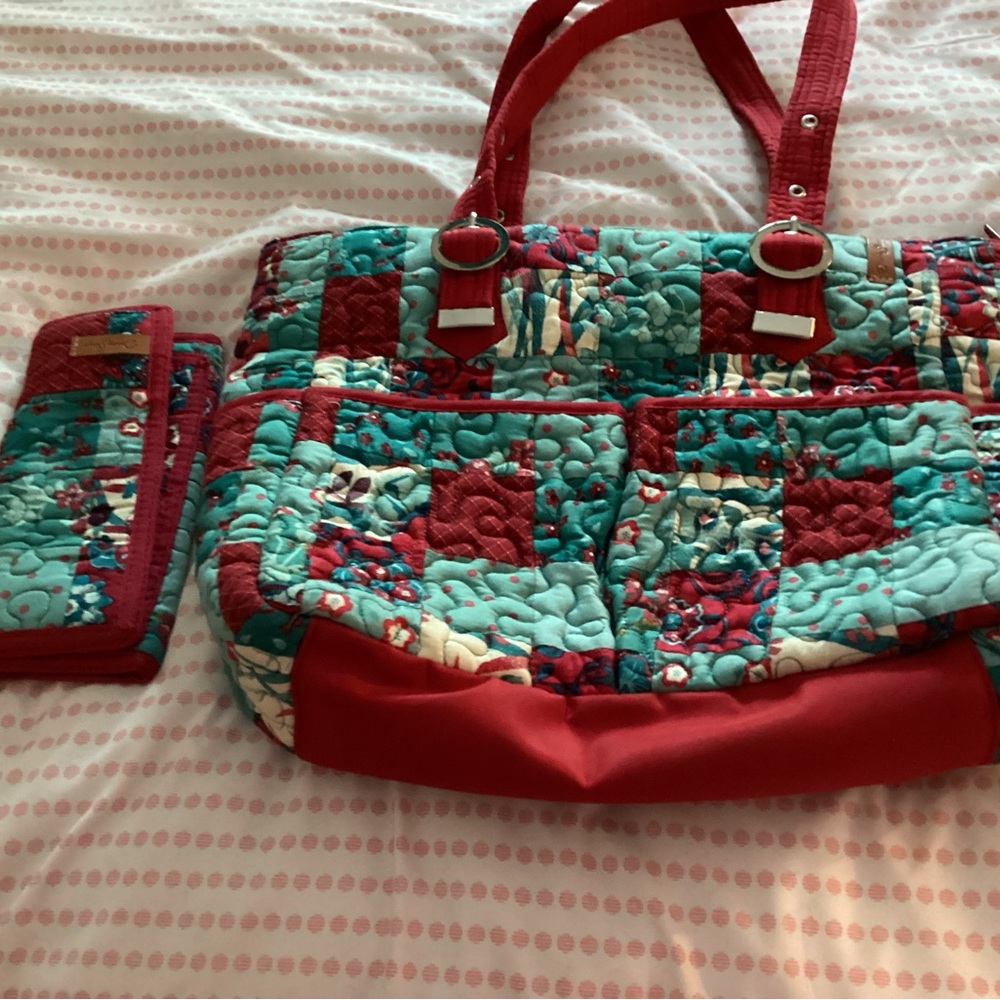 Stylish Red and Green Tote with Matching Accessory